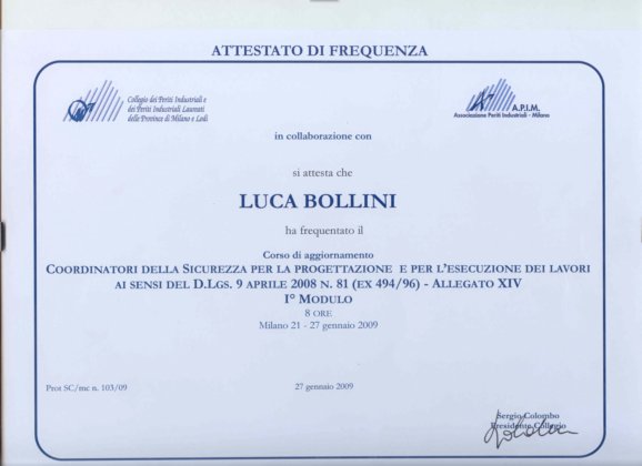 2009: Coordinatore Sicurezza (I Modulo)